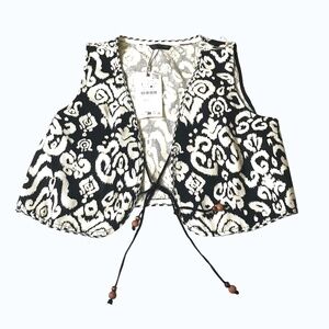 ZARA Black White Tapestry Vest Tie Front Sleeveless Women’s L